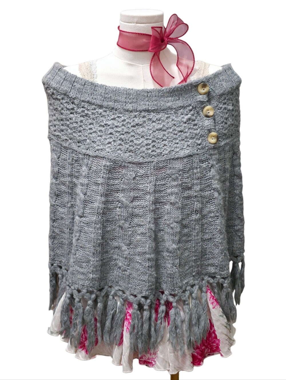 Abercrombie vintage grey knit wool blend fringe poncho with button detail - Picture 5 of 6